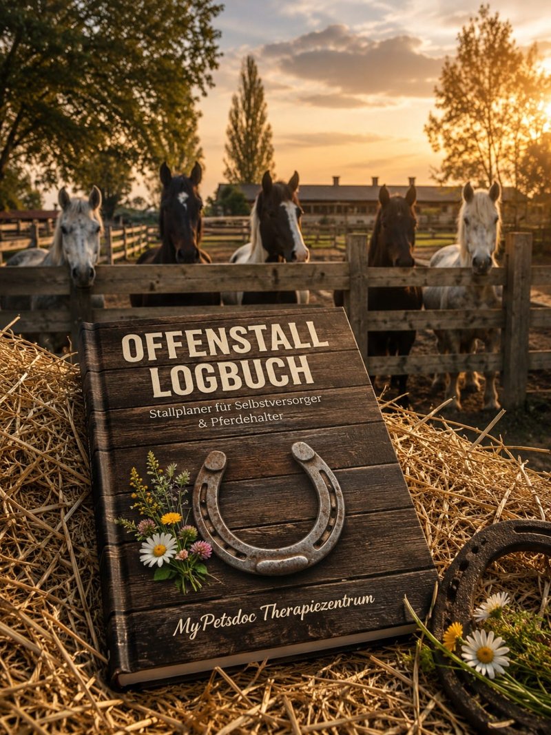 Das Offenstall Logbuch von MyPetsdoc – Buchcover mit Hufeisen vor Pferden am Koppelzaun